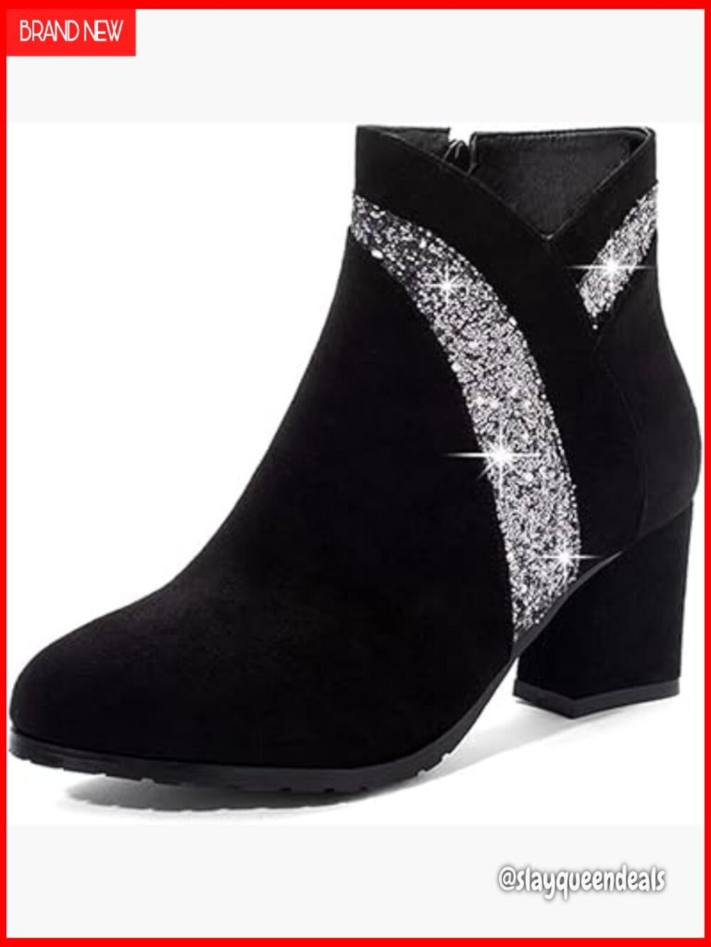 Glitter Ankle Booties Chunky Heel Round Toe Side Zipper Dress Boots
